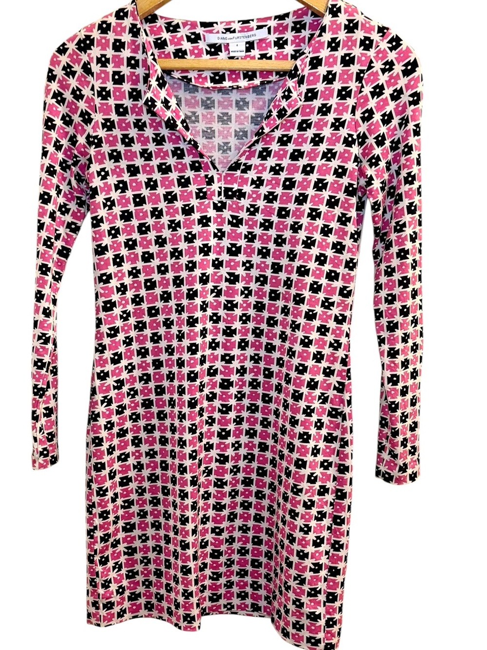Diane von Furstenberg Pink and black Silk Cotton Reina Long Sleeve Shift Dress 4